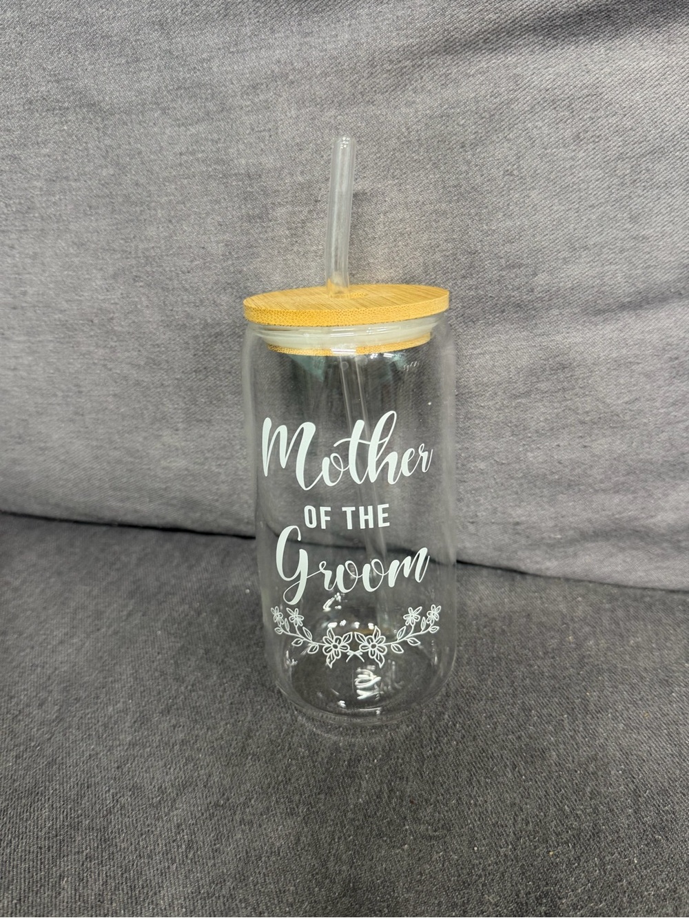 Mother of the Groom Glass Tumbler with Straw - Clear and Bamboo Lid